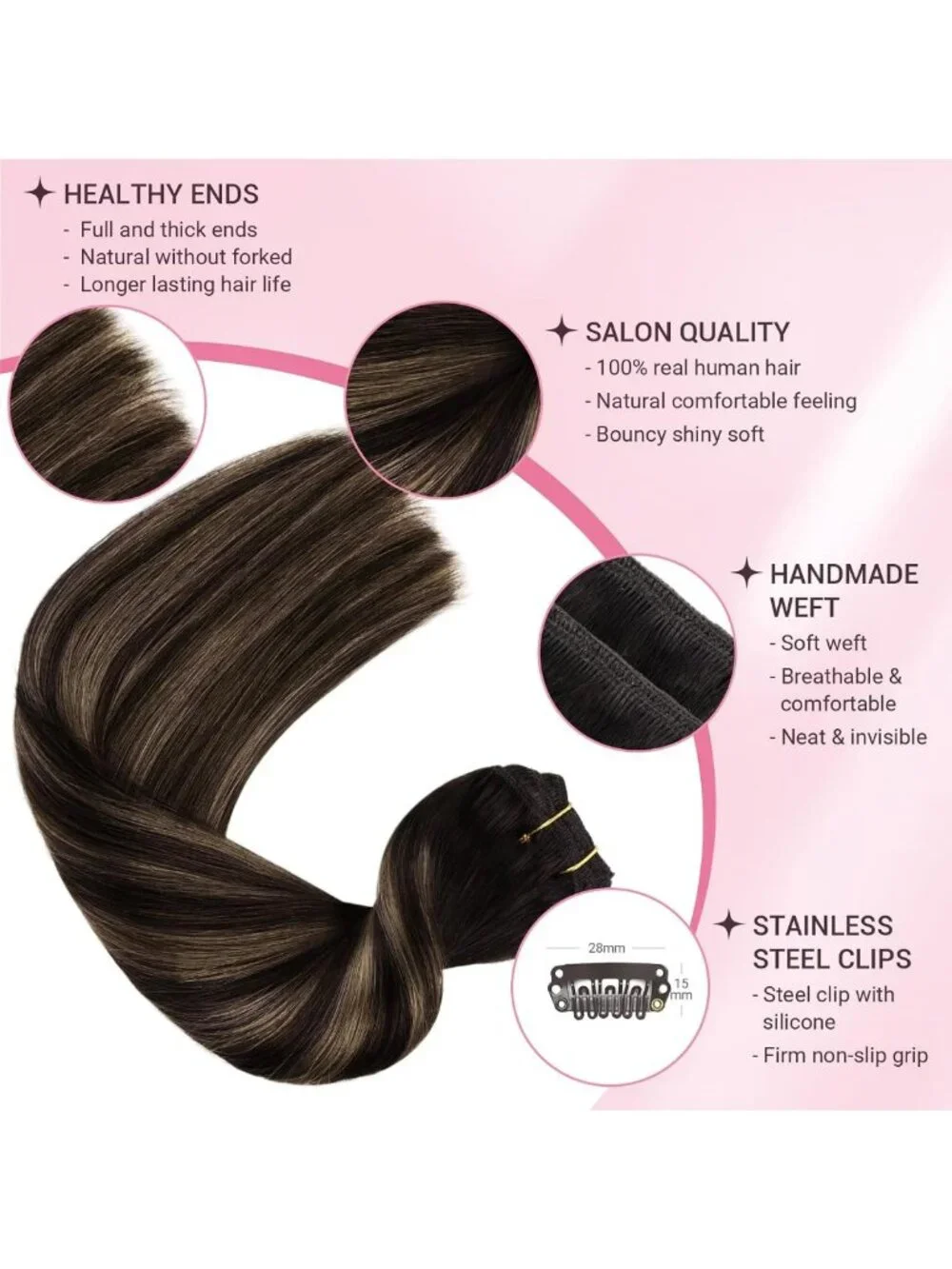 Natural Looking Clip-In Hair Extensions for Volume, 16 Inch, Dark Brown